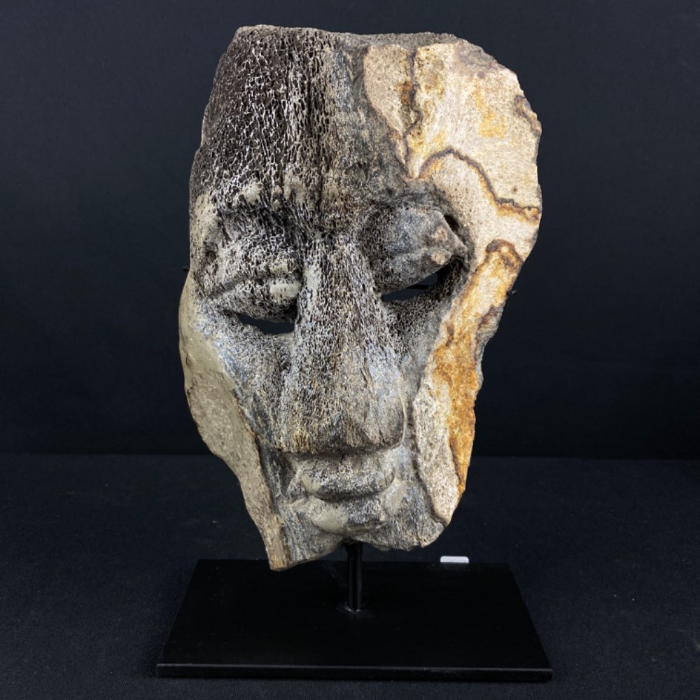 Mastodon mammoth fossilized bone with modern carving into face from Java, Indonesia
